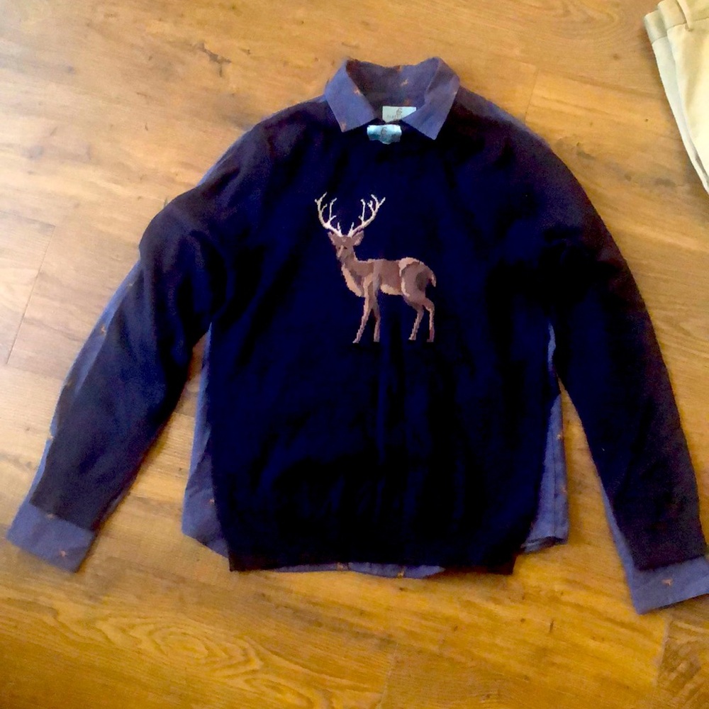 Boy 14/16 Class Club navy deer sweater and button up shirt.